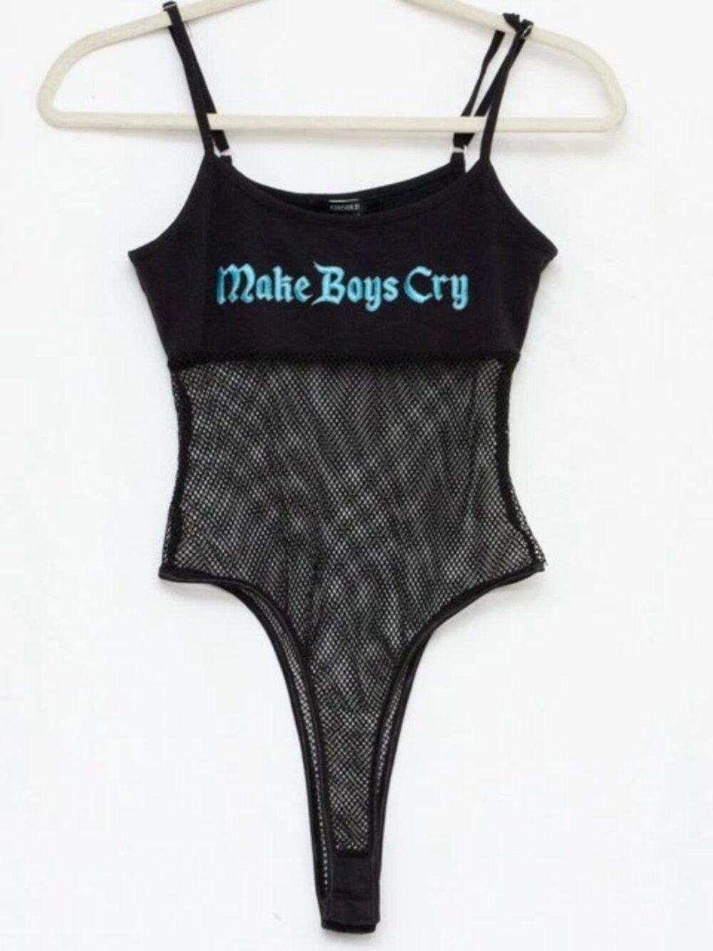 VGT Forever 21 Black Sheer Mesh Bodysuit Tank Top Embroidered Make Boys Cry Sz M